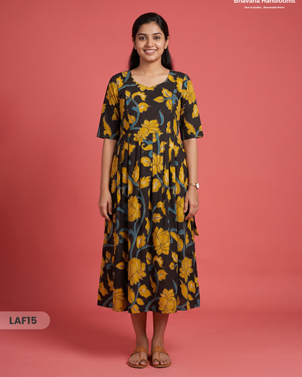 Feeding Frock with Kalamkari Design – Black Color | Invisible Zips | Half Lining Maternity Wear