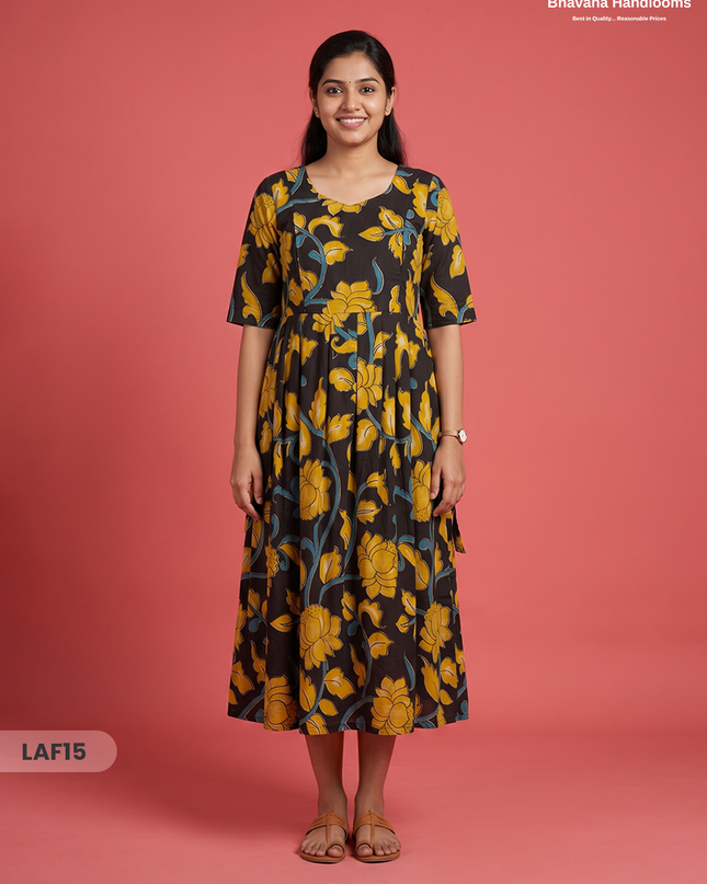 Feeding Frock with Kalamkari Design – Black Color | Invisible Zips | Half Lining Maternity Wear