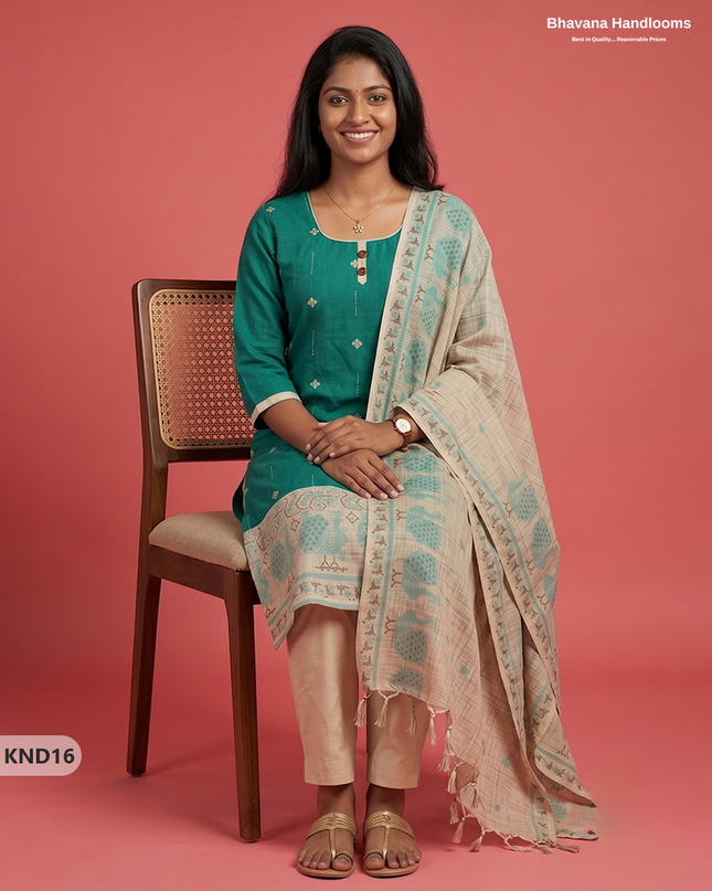 Designer Printed Cotton Floral 3PC Kurti Set in Sea Green Colour | Full-Length Lining | Ready-to-Wear