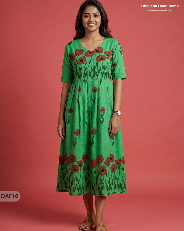 Comfortable Daily Wear Cotton Frock – Parrot Green Colour | Half Lining