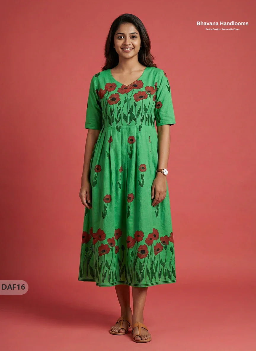 Comfortable Daily Wear Cotton Frock – Parrot Green Colour | Half Lining
