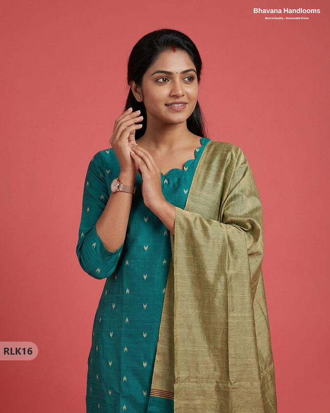 Raw Silk 2PC Set in Green Colour | Top & Bottom Only Ethnic Wear