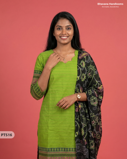 Jacquard 3PC Kurti Set in Lime Green Colour with Designer Black Printed Dupatta and Elastic Bottom | Ready to Wear