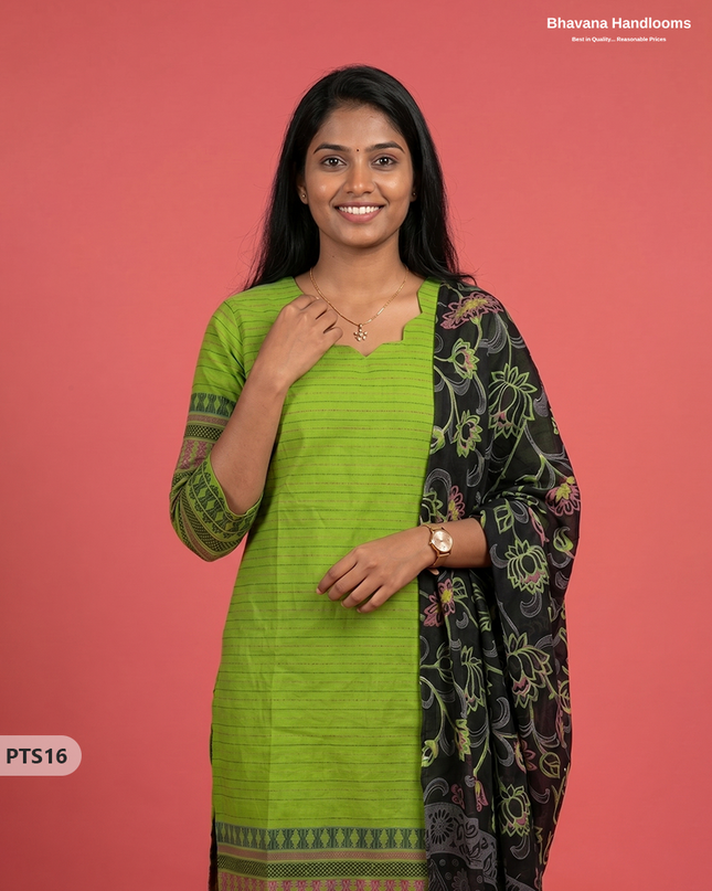 Jacquard 3PC Kurti Set in Lime Green Colour with Designer Black Printed Dupatta and Elastic Bottom | Ready to Wear