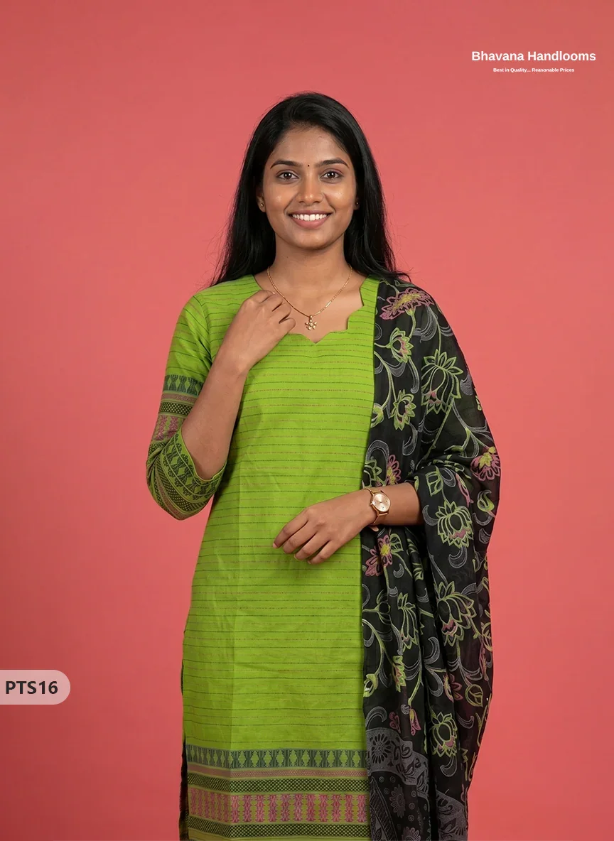 Jacquard 3PC Kurti Set in Lime Green Colour with Designer Black Printed Dupatta and Elastic Bottom | Ready to Wear