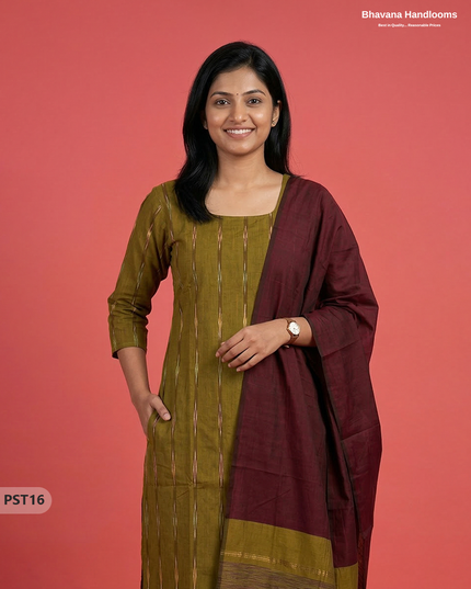 Pochampally Semi Pattu 3PC Kurti Set in Pesara Green Colour | Ready-to-Wear Ethnic Wear