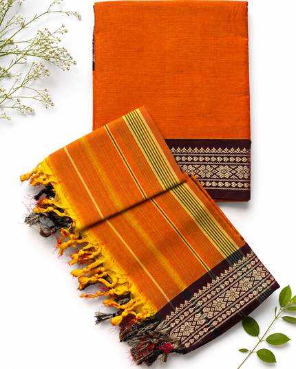 Traditional Wear Narayanpet Mercerised Cotton Dress Material with Orange Colour | Woven Border