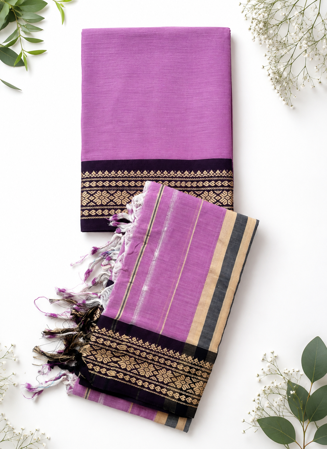 Traditional Wear Narayanpet Mercerised Cotton Dress Material with Lavender Purple Colour | Woven Border