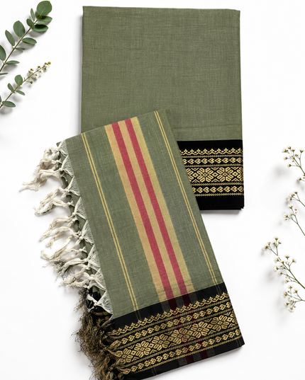 Traditional Wear Narayanpet Mercerised Cotton Dress Material with Olive Green Colour | Woven Border