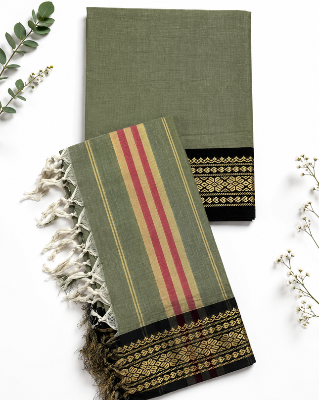 Traditional Wear Narayanpet Mercerised Cotton Dress Material with Olive Green Colour | Woven Border