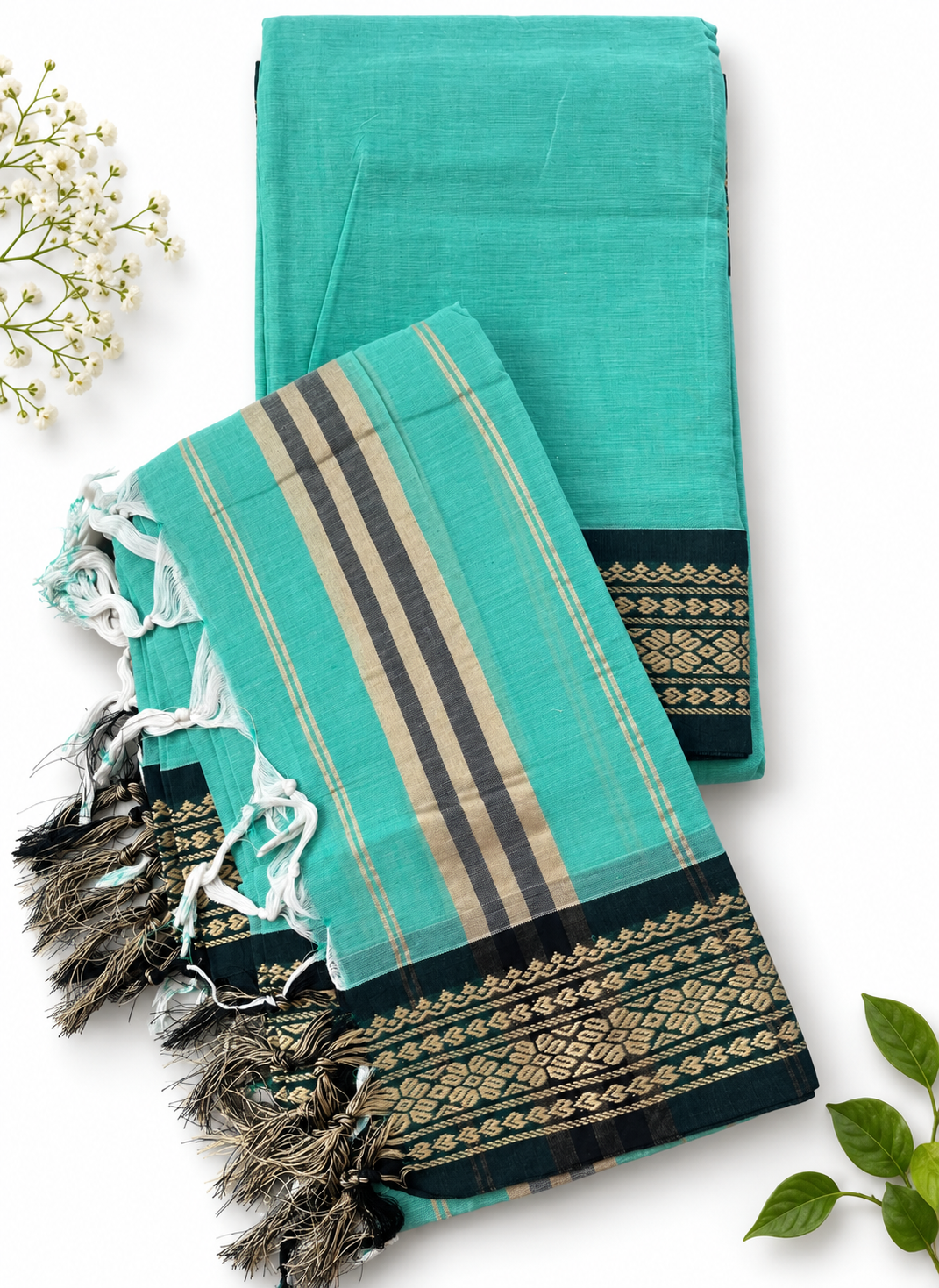 Traditional Narayanpet Mercerised Cotton Dress Material in Aqua Blue | Dark Green Woven Border