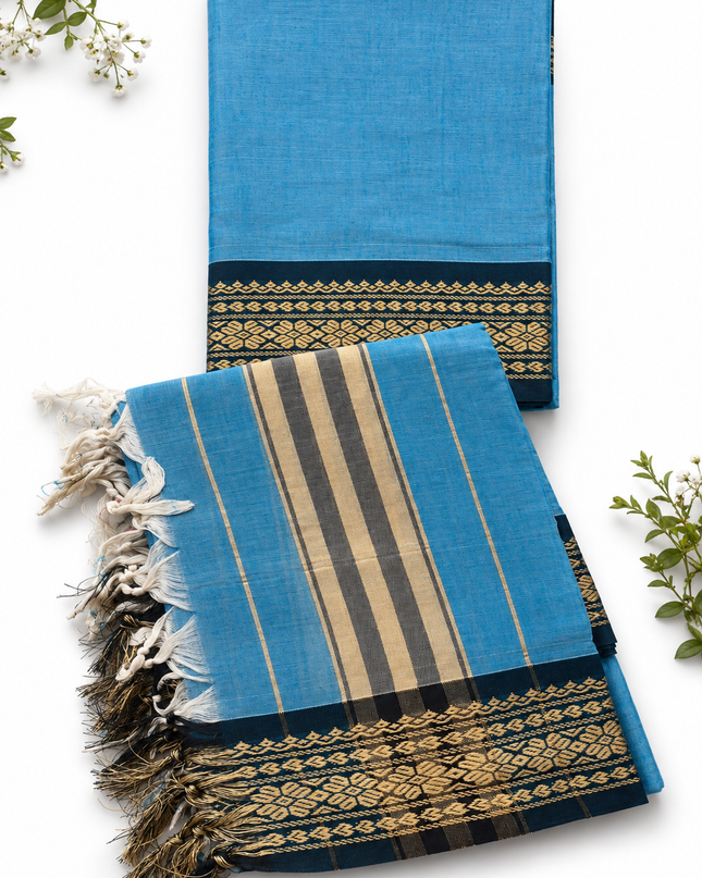 Traditional Wear Narayanpet Mercerised Cotton Dress Material with Sky Blue Colour | Woven Border