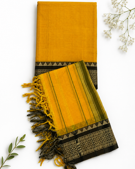 Traditional Wear Narayanpet Mercerised Cotton Dress Material with Mustard Yellow Colour | Woven Border