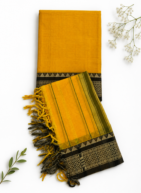 Traditional Wear Narayanpet Mercerised Cotton Dress Material with Mustard Yellow Colour | Woven Border