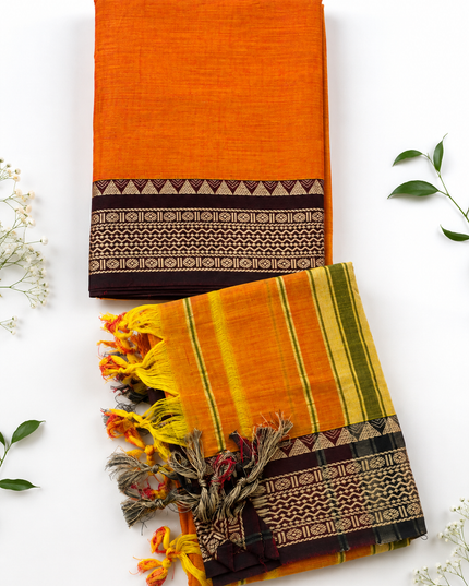 Traditional Wear Narayanpet Mercerised Cotton Dress Material with Mustard Yellow Colour | Woven Border