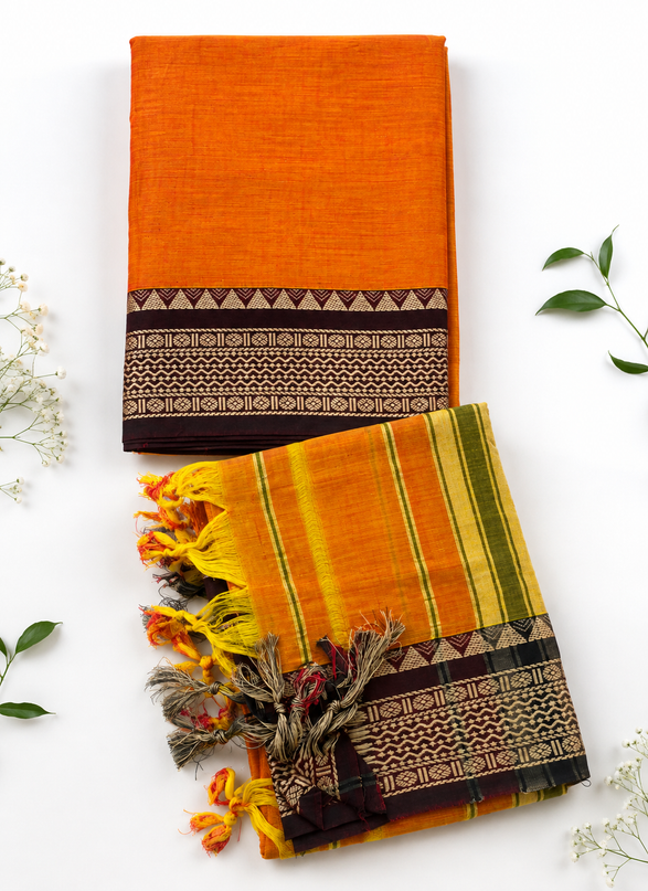 Traditional Wear Narayanpet Mercerised Cotton Dress Material with Mustard Yellow Colour | Woven Border