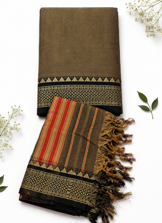 Traditional Wear Narayanpet Mercerised Cotton Dress Material with Coffee Brown Colour | Woven Border