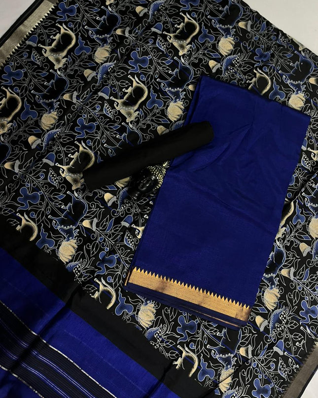 Mangalagiri Semi Pattu Dress Material with Zari Border – Royal Blue Colour
