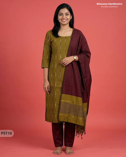 Pochampally Semi Pattu 3PC Kurti Set in Pesara Green Colour | Ready-to-Wear Ethnic Wear
