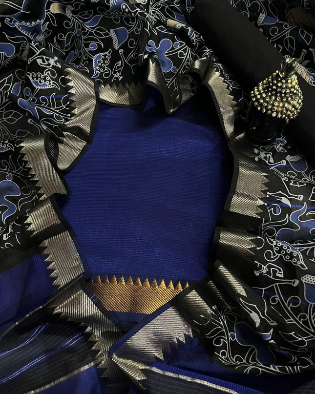 Mangalagiri Semi Pattu Dress Material with Zari Border – Royal Blue Colour