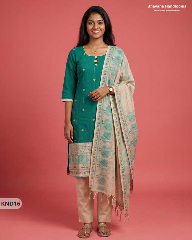 Designer Printed Cotton Floral 3PC Kurti Set in Sea Green Colour | Full-Length Lining | Ready-to-Wear