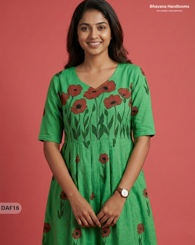 Comfortable Daily Wear Cotton Frock – Parrot Green Colour | Half Lining