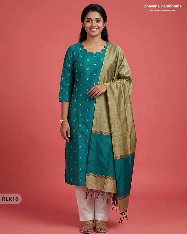 Raw Silk 2PC Set in Green Colour | Top & Bottom Only Ethnic Wear
