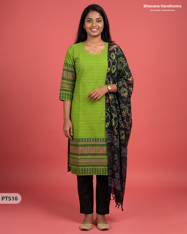 Jacquard 3PC Kurti Set in Lime Green Colour with Designer Black Printed Dupatta and Elastic Bottom | Ready to Wear
