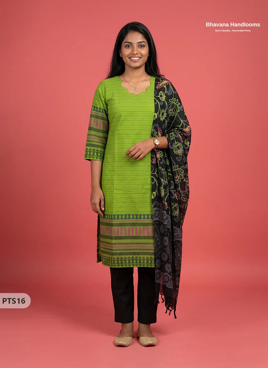 Jacquard 3PC Kurti Set in Lime Green Colour with Designer Black Printed Dupatta and Elastic Bottom | Ready to Wear