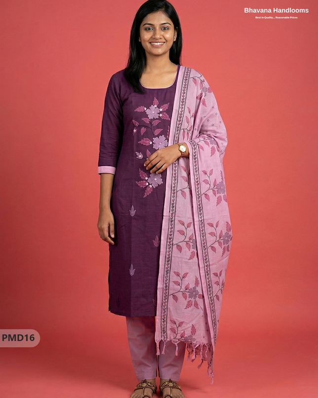 Ready-to-Wear Floral Print 3PC Kurti Set with Mirror Work | Purple colour