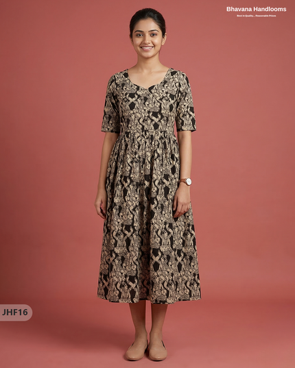 Kalamkari Design Frock – Black Colour | Handloom Ethnic Wear with Half Lining