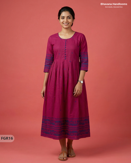 Summer Special Premium Cotton Handloom Frock with Woven Design | Pink Colour