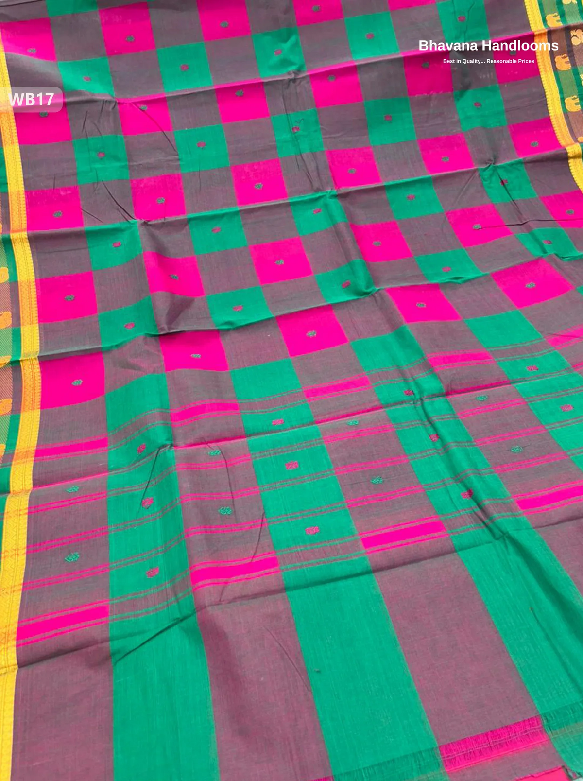 Authentic Kanchi Cotton Handloom Saree – Pink & Green Colour (Without Blouse)