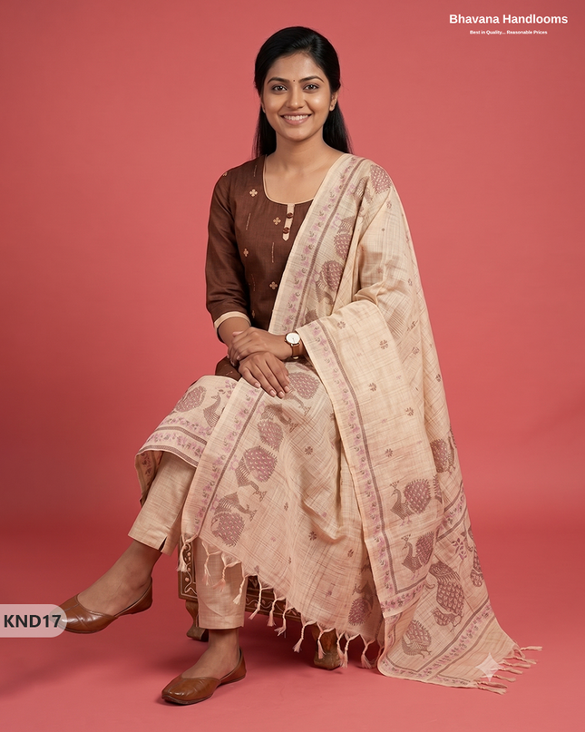 Designer Printed Cotton Floral 3PC Kurti Set in Coffee Brown Colour | Full-Length Lining | Ready-to-Wear