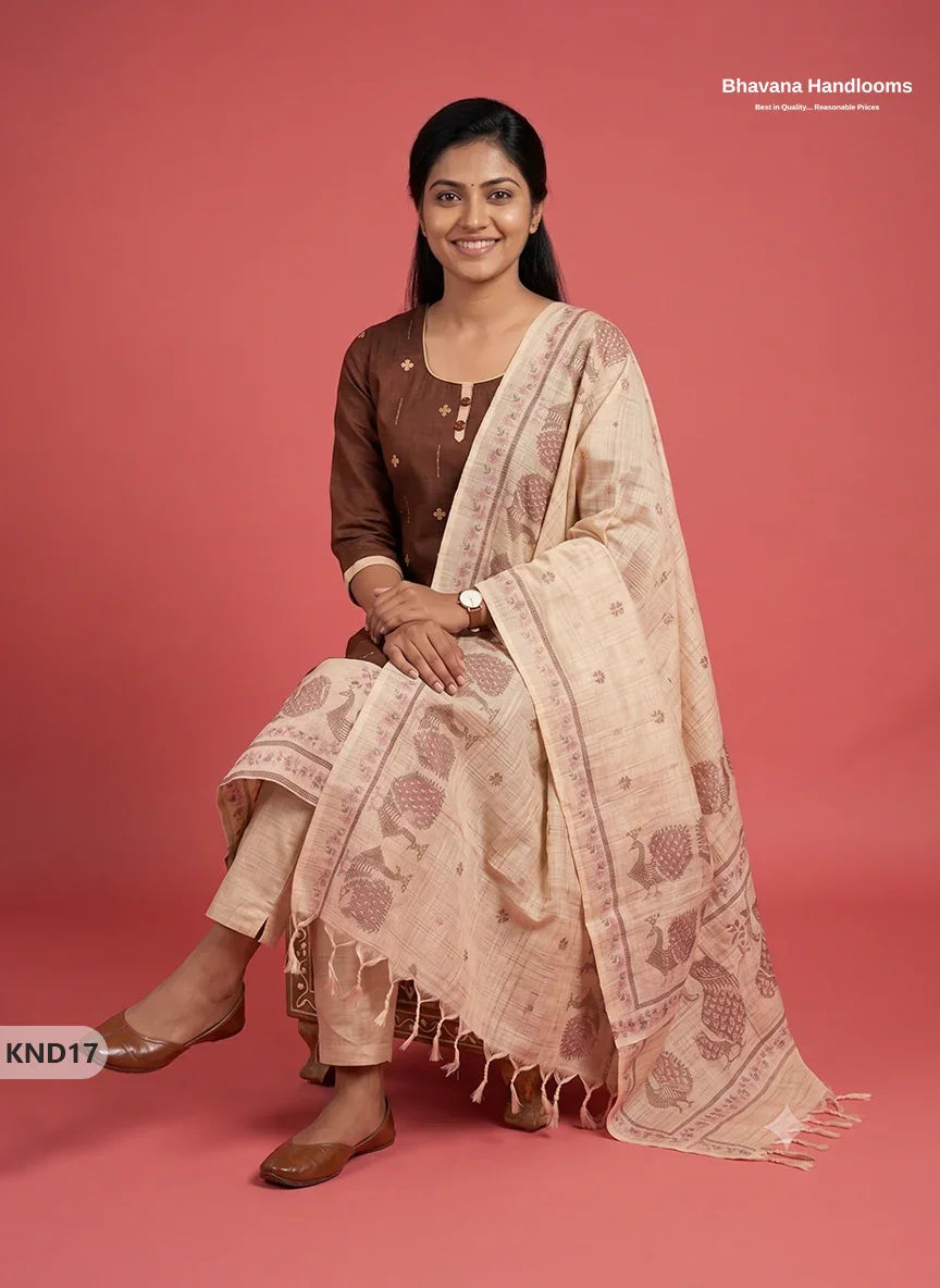 Designer Printed Cotton Floral 3PC Kurti Set in Coffee Brown Colour | Full-Length Lining | Ready-to-Wear
