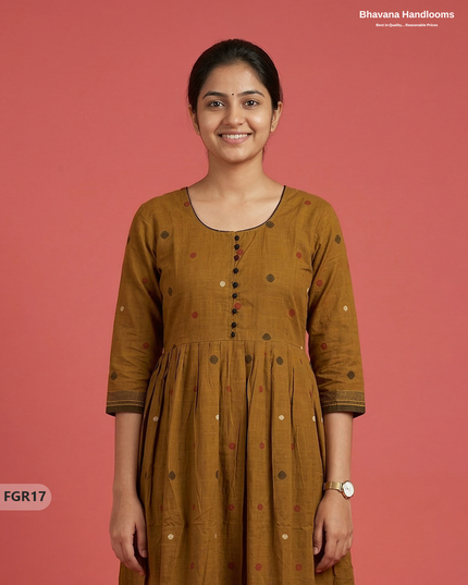 Summer Special Premium Cotton Handloom Frock with Woven Design | Chocolate Colour