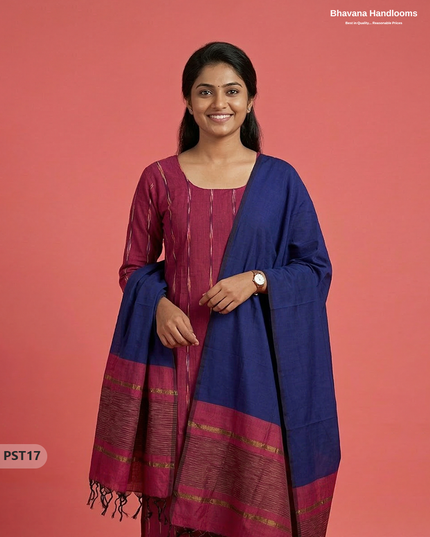 Pochampally Semi Pattu 3PC Kurti Set in Dark Red Colour | Ready-to-Wear Ethnic Wear