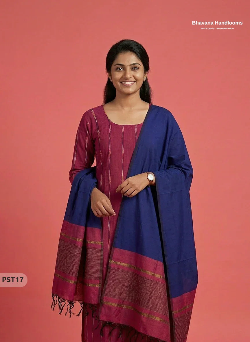 Pochampally Semi Pattu 3PC Kurti Set in Dark Red Colour | Ready-to-Wear Ethnic Wear