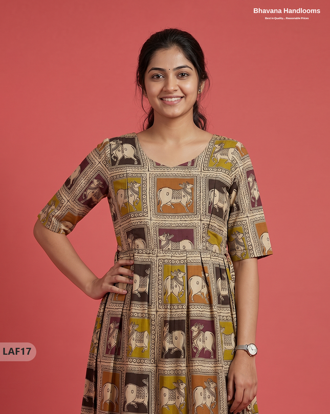 Feeding Frock with Kalamkari Design – Beige Color | Invisible Zips | Half Lining Maternity Wear