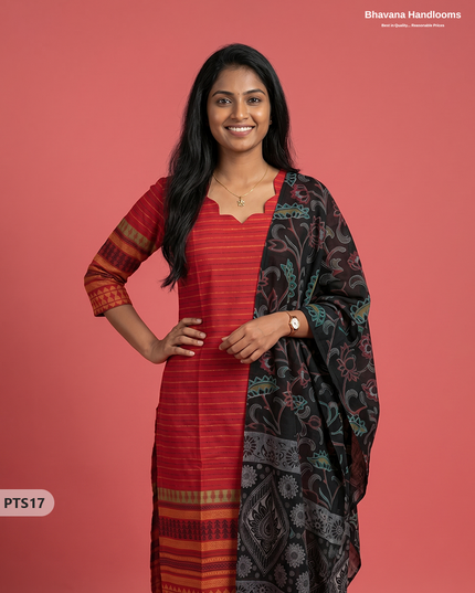 Jacquard 3PC Kurti Set in Red Colour with Designer Black Printed Dupatta and Elastic Bottom | Ready to Wear