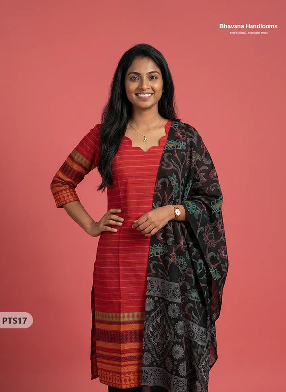 Jacquard 3PC Kurti Set in Red Colour with Designer Black Printed Dupatta and Elastic Bottom | Ready to Wear