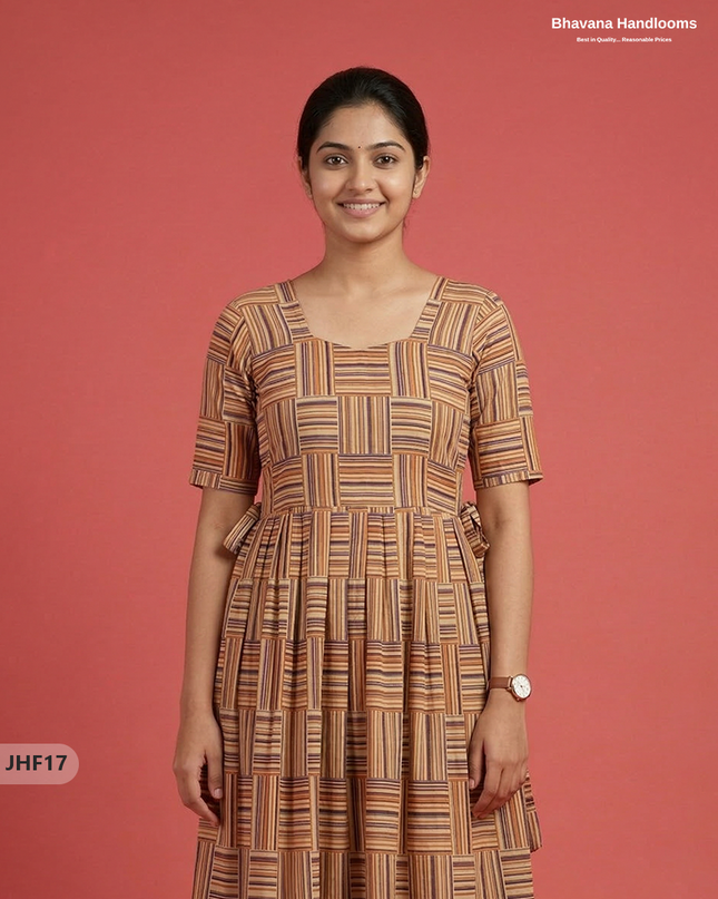 Kalamkari Design Frock – Brown & Multi Colour | Handloom Ethnic Wear with Half Lining