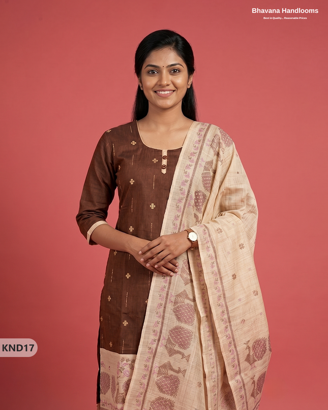 Designer Printed Cotton Floral 3PC Kurti Set in Coffee Brown Colour | Full-Length Lining | Ready-to-Wear