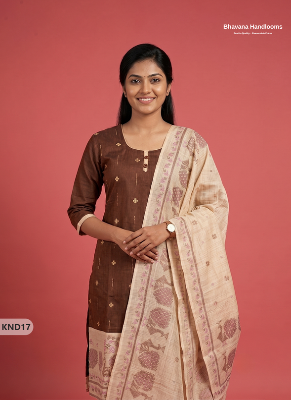Designer Printed Cotton Floral 3PC Kurti Set in Coffee Brown Colour | Full-Length Lining | Ready-to-Wear