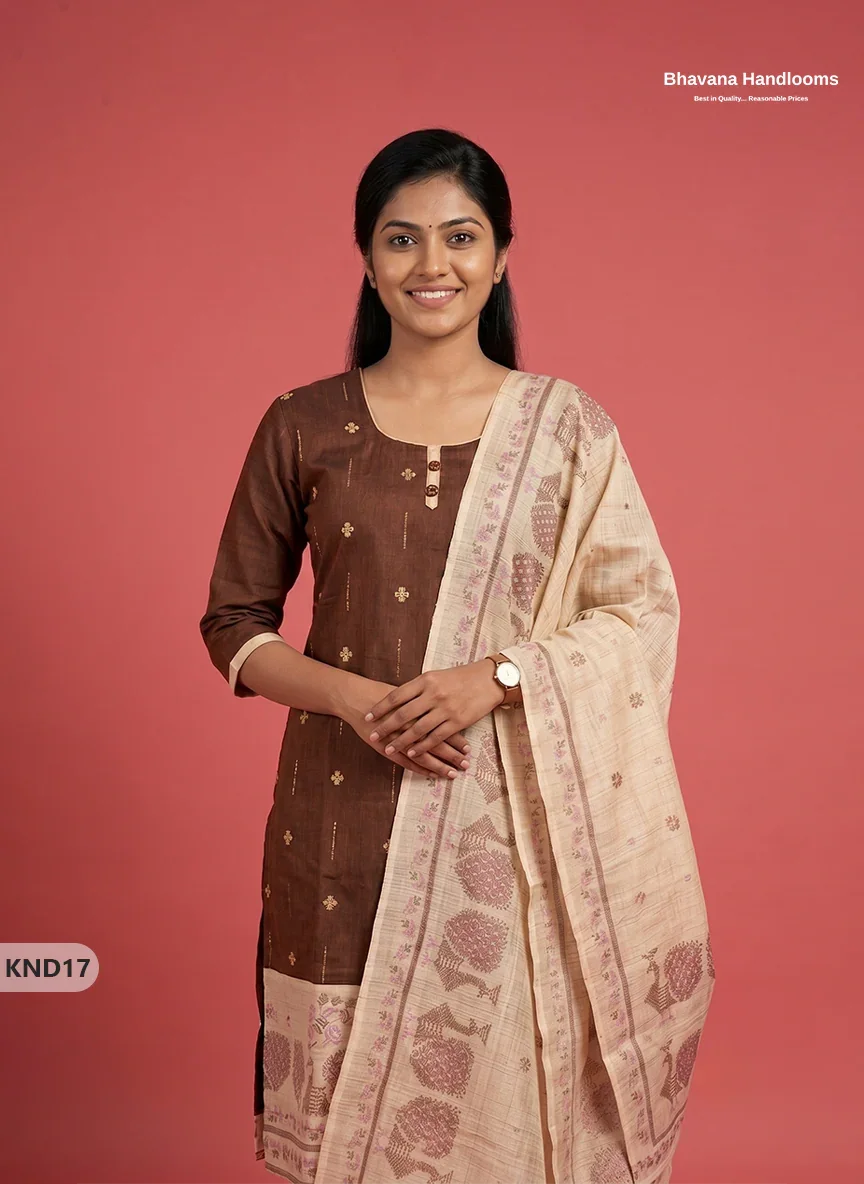 Designer Printed Cotton Floral 3PC Kurti Set in Coffee Brown Colour | Full-Length Lining | Ready-to-Wear