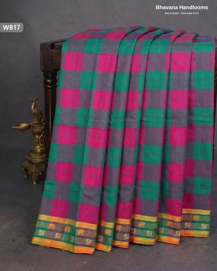 Authentic Kanchi Cotton Handloom Saree – Pink & Green Colour (Without Blouse)