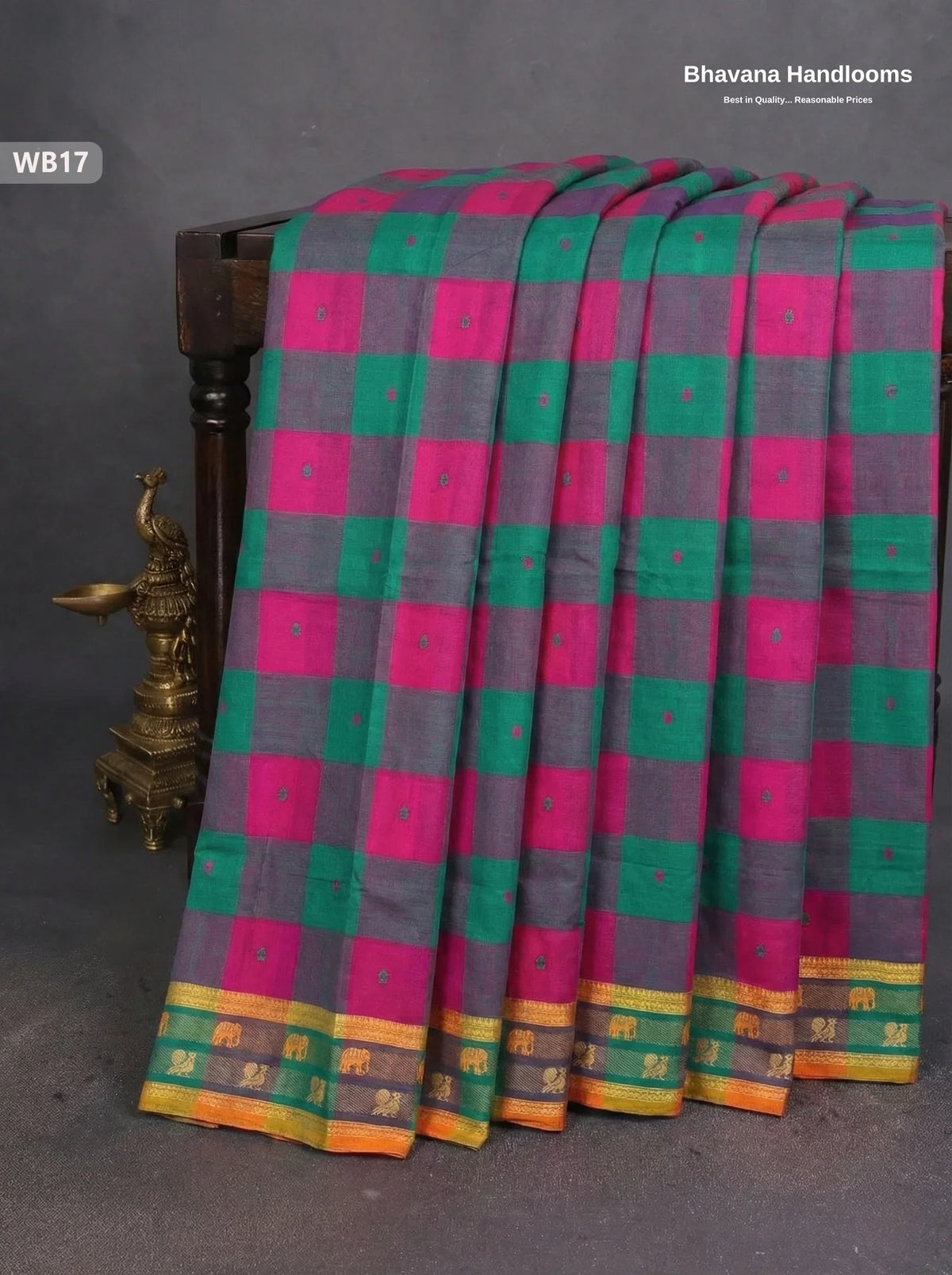 Authentic Kanchi Cotton Handloom Saree – Pink & Green Colour (Without Blouse)