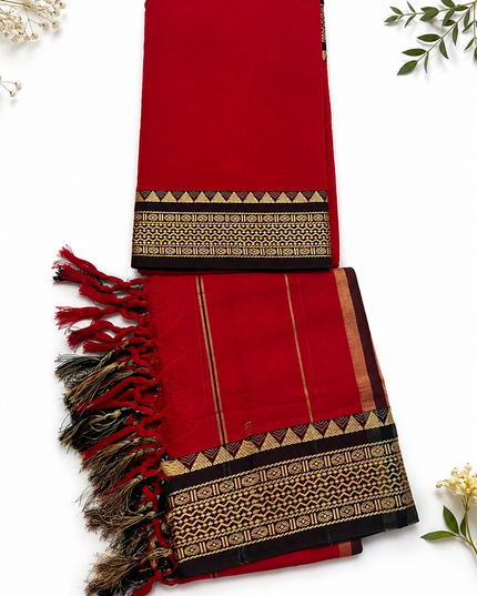 Traditional Wear Narayanpet Mercerised Cotton Dress Material with Cherry Red Colour | Woven Border