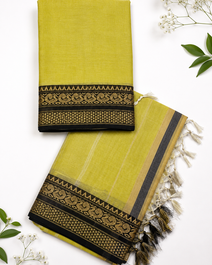 Traditional Wear Narayanpet Mercerised Cotton Dress Material with Lime Yellow Colour | Woven Border