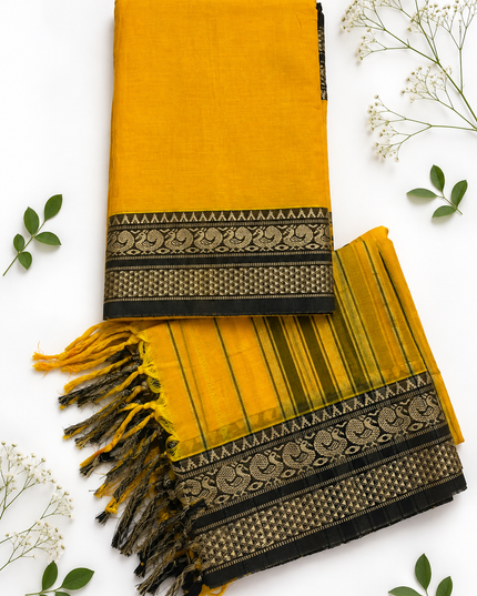 Traditional Wear Narayanpet Mercerised Cotton Dress Material with Mustard Yellow Colour | Woven Border